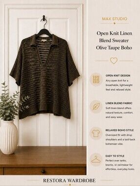 MAX STUDIO London XL Open Knit Linen Blend Sweater Olive Taupe Boho Resort Top
